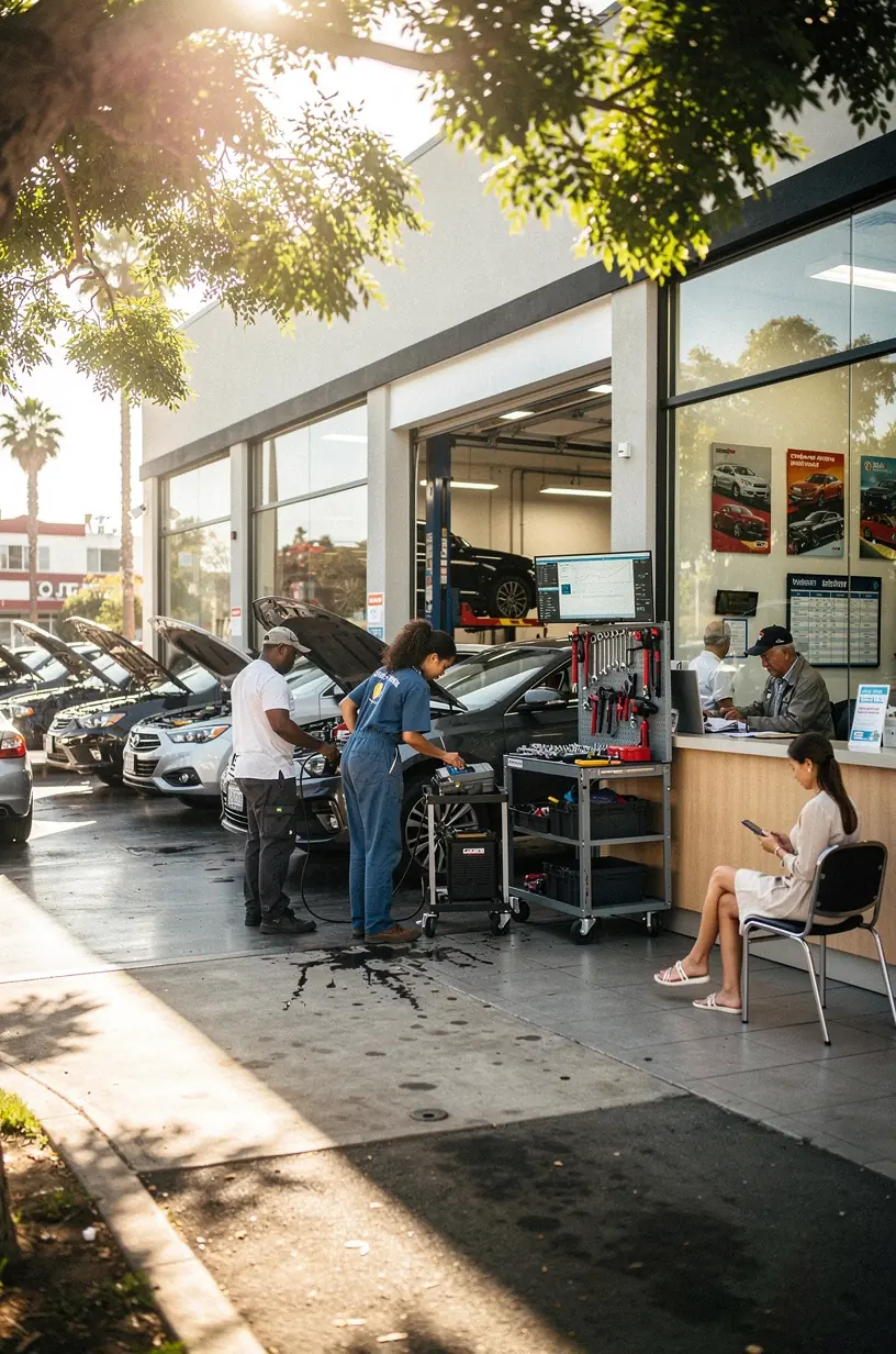 Technician performing advanced vehicle diagnostics using computerized equipment in a clean auto repair shop.