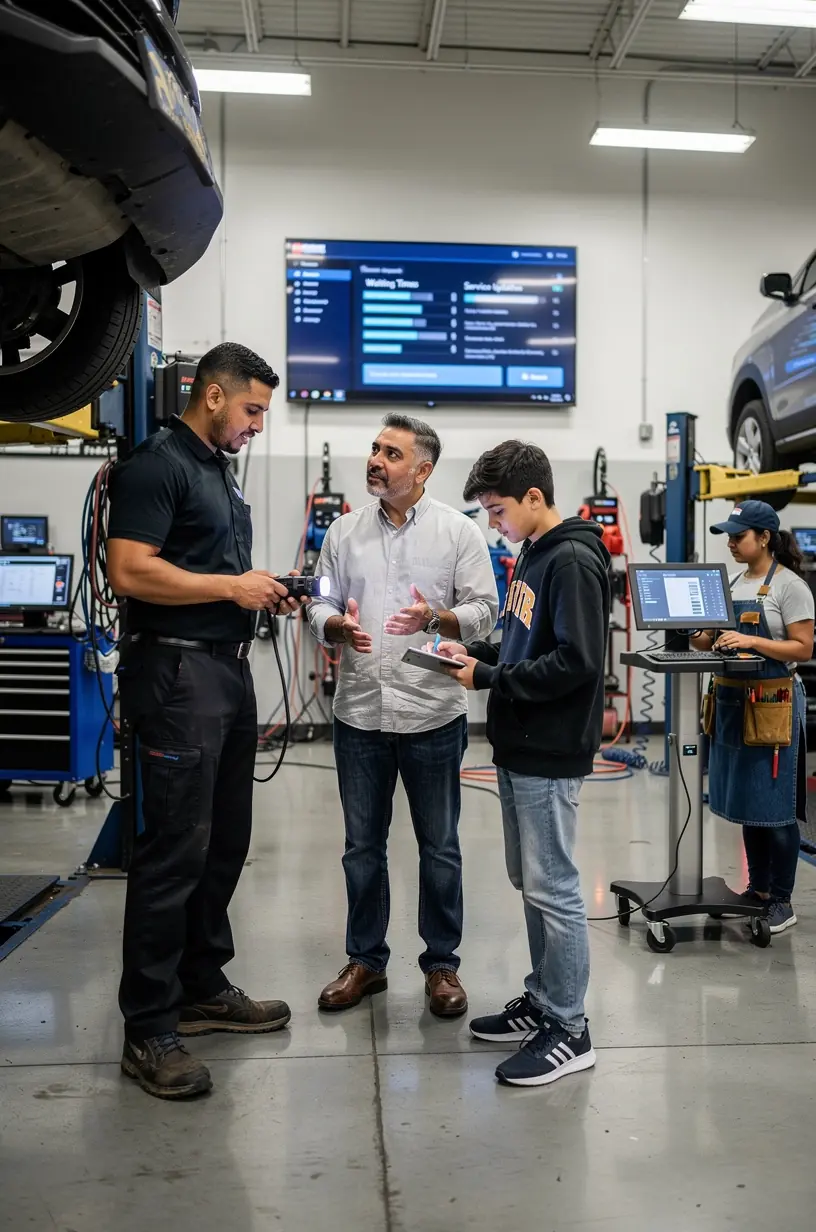 Customer discussing vehicle maintenance plan with a service advisor at a professional Los Angeles auto repair hub.